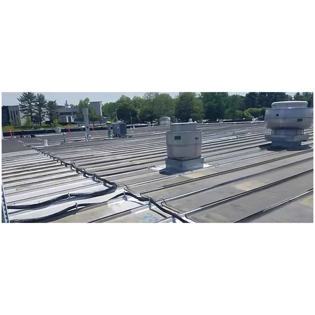 An aerial view of a roof with a heated mat system.